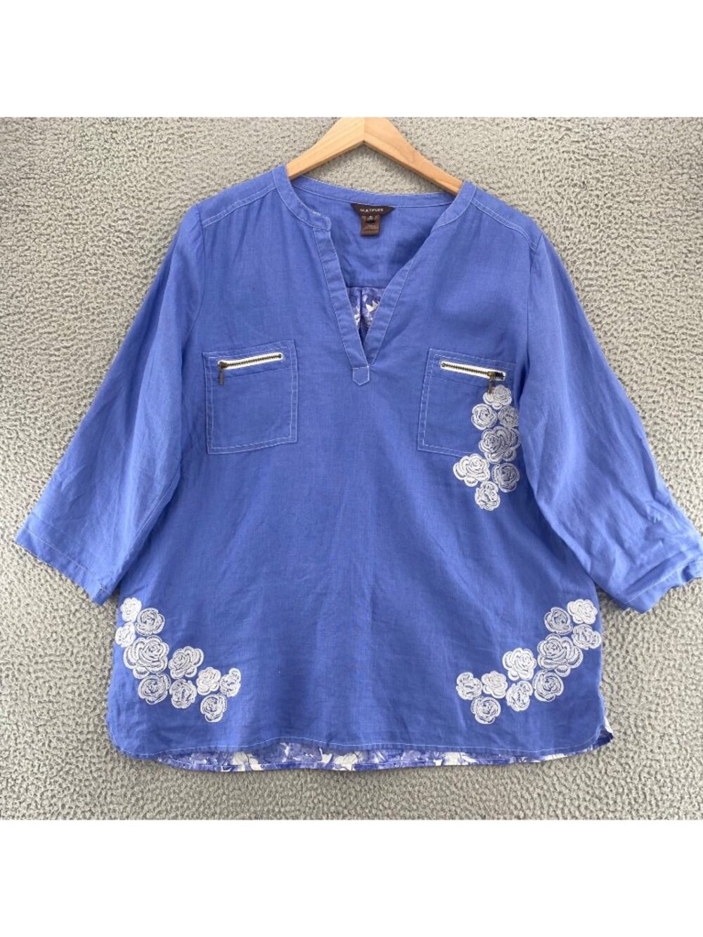 Multiples Top Womens Extra Large Blue Floral Embroidery Cotton Linen 3/4 Sleeve